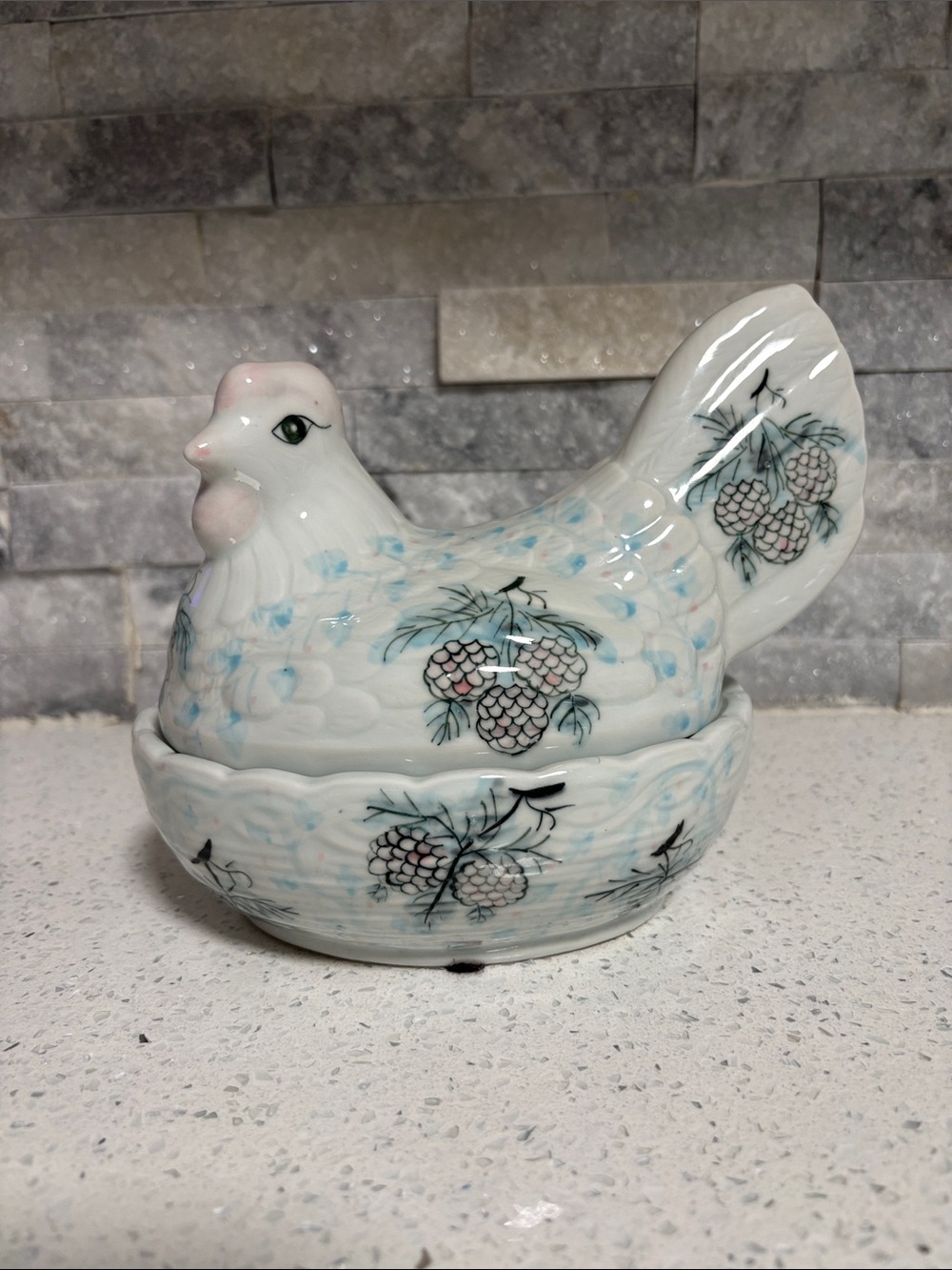 Vintage Ethan Allen Blue & White Ceramic Hen on Nest Dish Pink Botanical Accents